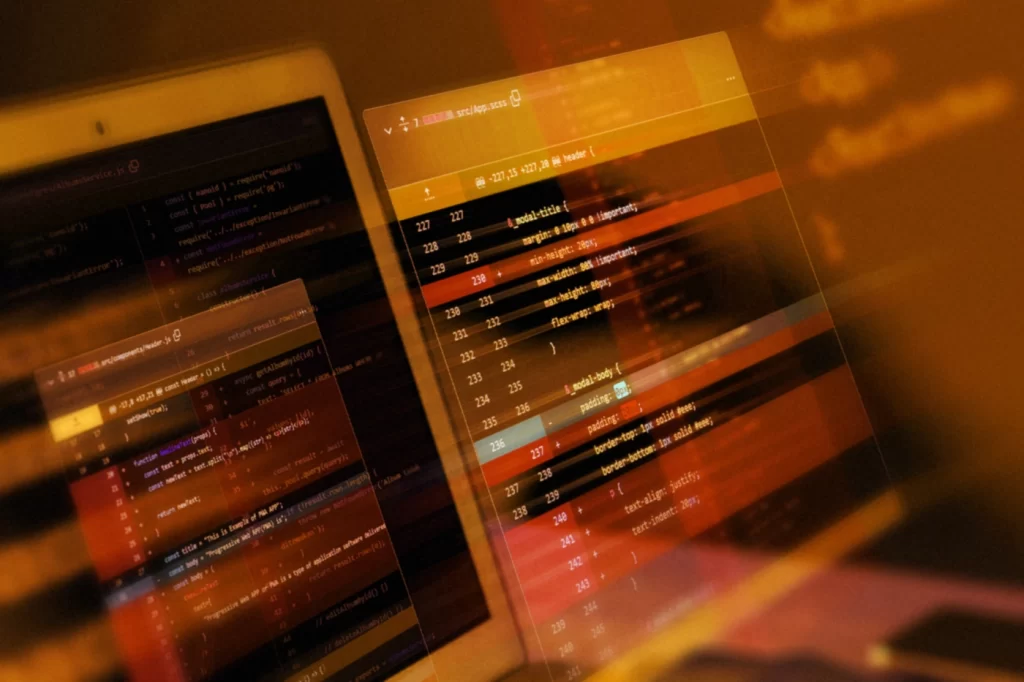 Software development automation in action: overlapping code editor windows, representing AI-assisted coding, automation tools, and code quality management