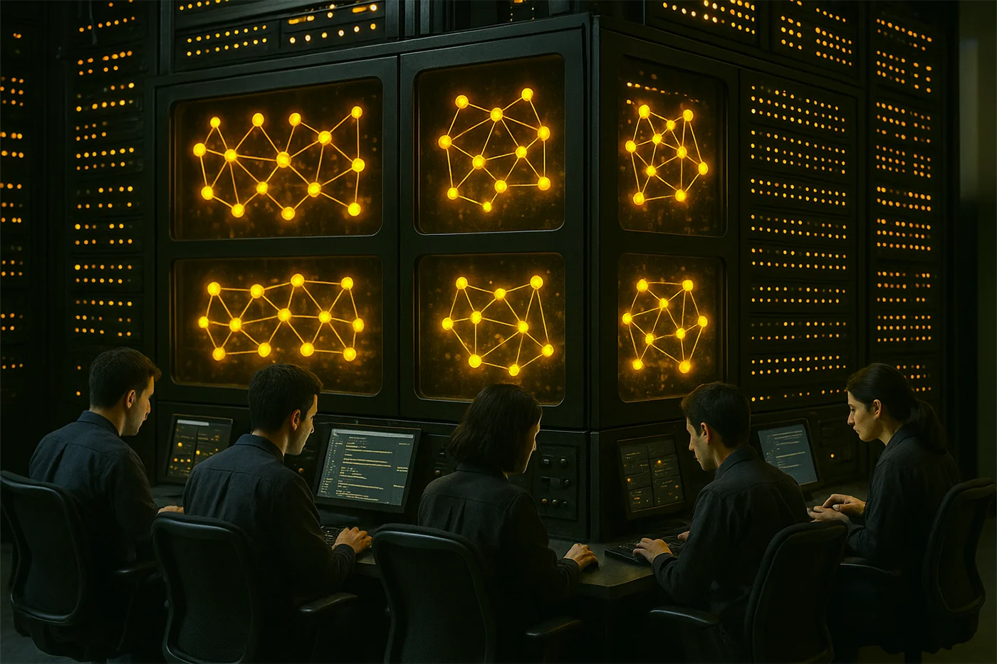 Software developers work in a high-tech control room with glowing, interconnected patterns on screens, representing structured and collaborative problem-solving.