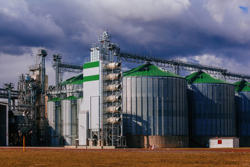 Automatic agricultural grain dryer and silos. Modern complex for drying, cleaning and storage grain.