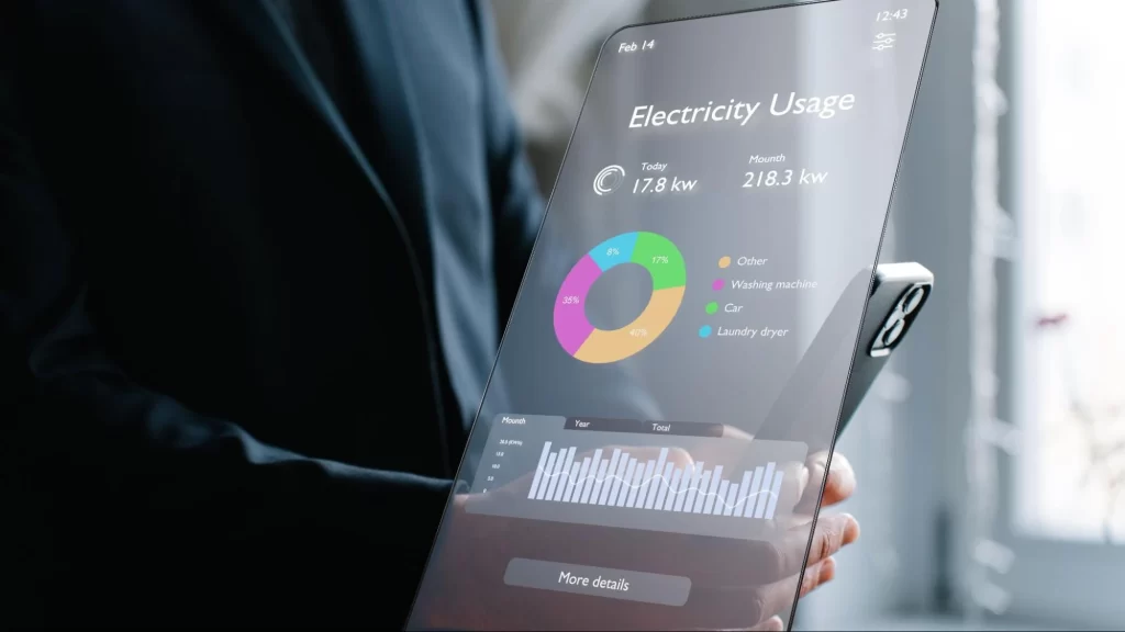 Digital dashboard displaying real-time electricity usage, energy consumption analytics, and IoT-powered monitoring data on a connected smart device.