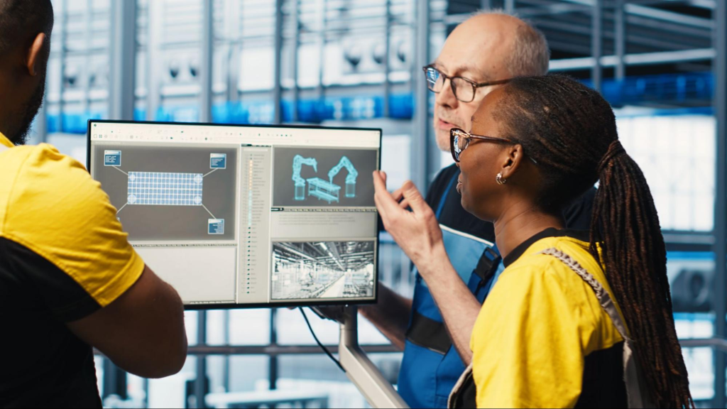 Manufacturing team reviewing IoT-powered production and automation data on a digital monitoring dashboard inside a smart factory environment.