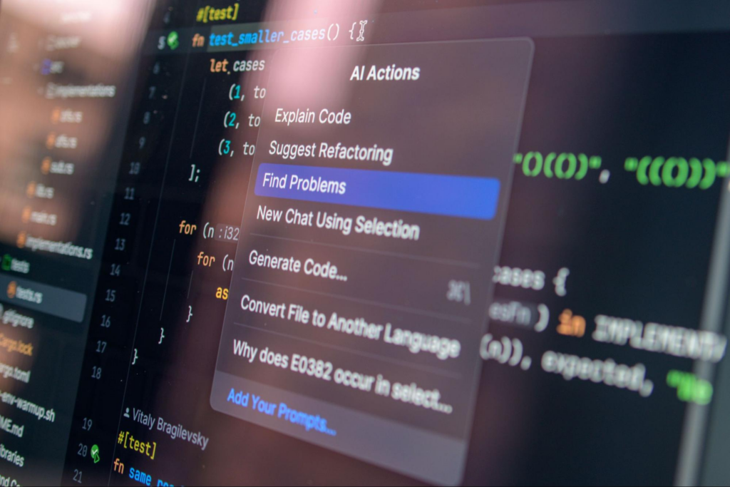 AI coding assistant menu analyzing source code with options to explain code, suggest refactoring, find problems, and generate code