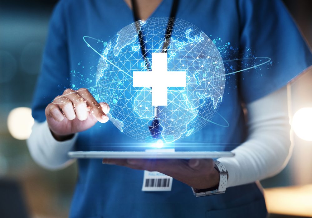 Nurse, hands or technology for 3d globe networking, healthcare community or digital help in life insurance support. Zoom, medical or futuristic world for global hospital, woman or doctor on tablet ux